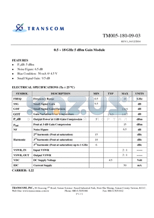 TM005-180-09-03 datasheet - 0.5 ~ 18 GHz 5 dBm Gain Module