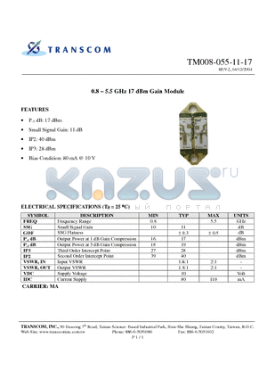 TM008-055-11-17 datasheet - 0.8  - 5.5 GHz 17 dBm Gain Module