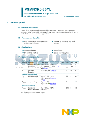 PSMN3R0-30YL datasheet - N-channel TrenchMOS logic level FET