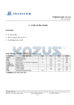 TM020-040-18-24 datasheet - 2 - 4 GHz 24 dBm Module