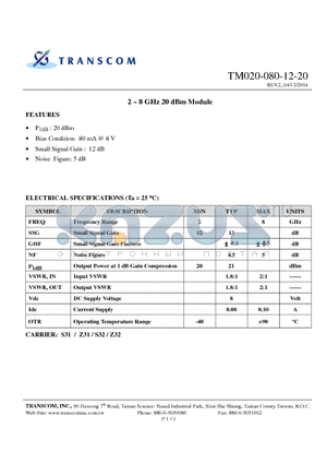 TM020-080-12-20 datasheet - 2 ~ 8 GHz 20 dBm Module