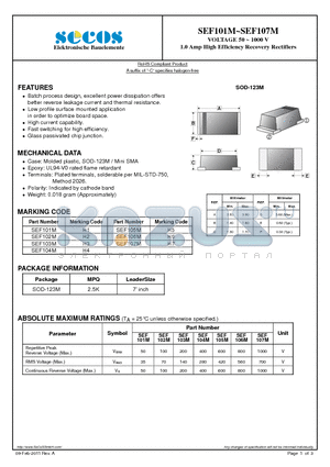 SEF103M datasheet - 1.0 Amp High Efficiency Recovery Rectifiers