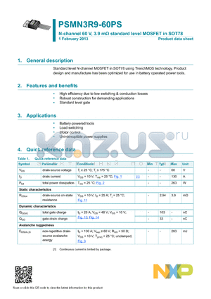 PSMN3R9-60PS datasheet - N-channel 60 V, 3.9 mY standard level MOSFET in SOT78