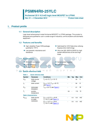 PSMN4R0-25YLC datasheet - N-channel 25 V 4.5 mY logic level MOSFET in LFPAK