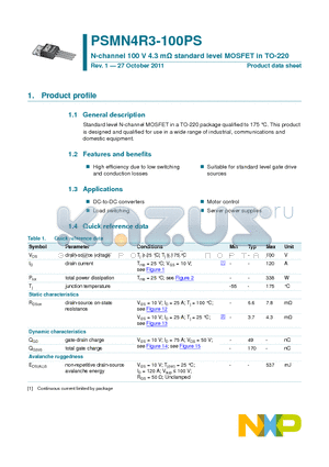 PSMN4R3-100PS datasheet - N-channel 100 V 4.3 mY standard level MOSFET in TO-220