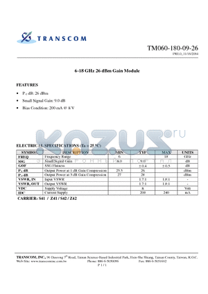 TM060-180-09-26 datasheet - 6-18 GHz 26 dBm Gain Module