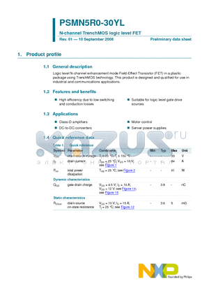 PSMN5R0-30YL datasheet - N-channel TrenchMOS logic level FET