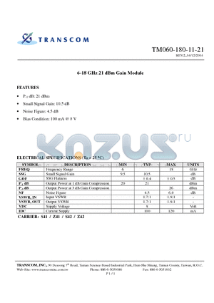 TM060-180-11-21 datasheet - 6-18 GHz 21 dBm Gain Module