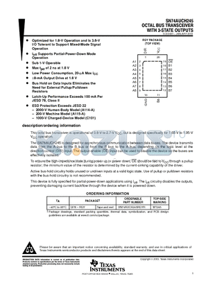 SN74AUCH245 datasheet - OCTAL BUS TRANSCEIVER WITH 3 STATE OUTPUTS