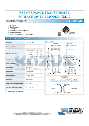 TM1-0 datasheet - RF IMPEDANCE TRANSFORMER SURFACE MOUNT MODEL WIDE BANDWIDTH 0.30 - 1000 MHz