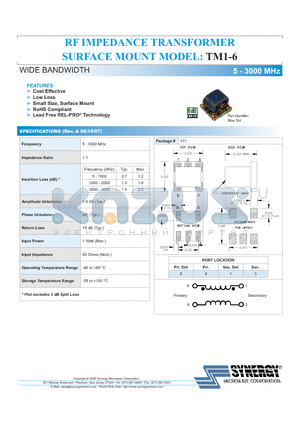 TM1-6 datasheet - RF IMPEDANCE TRANSFORMER SURFACE MOUNT MODEL WIDE BANDWIDTH 5 - 3000 MHz