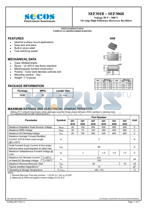 SEF301B_11 datasheet - 3.0 Amp High Efficiency Recovery Rectifiers