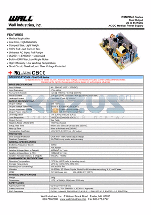 PSMPD45 datasheet - Dual Output Up to 45 Watts AC/DC Medical Power Supply