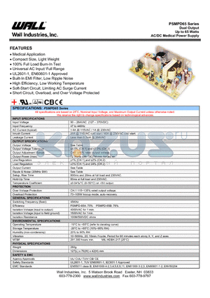 PSMPD65B datasheet - Dual Output Up to 65 Watts AC/DC Medical Power Supply