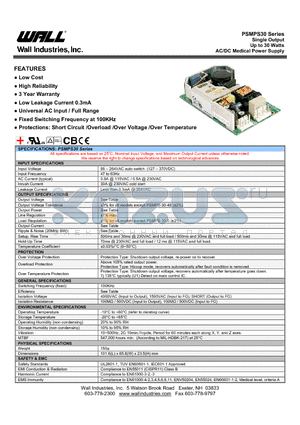 PSMPS-30-12 datasheet - Single Output Up to 30 Watts AC/DC Medical Power Supply