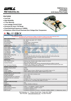 PSMPS-30-24 datasheet - Single Output Up to 30 Watts AC/DC Medical Power Supply