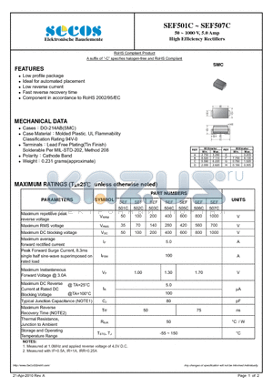 SEF504C datasheet - 50 ~ 1000 V, 5.0 Amp High Efficiency Rectifiers