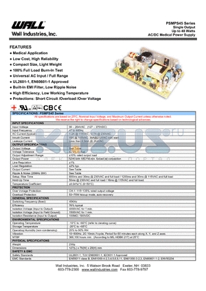 PSMPS-45-48 datasheet - Single Output Up to 48 Watts AC/DC Medical Power Supply