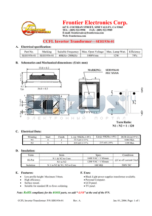 SEH1936-01 datasheet - CCFL Inverter Transformer