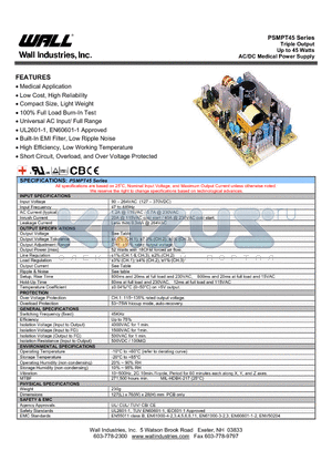 PSMPT45A datasheet - Triple Output Up to 45 Watts AC/DC Medical Power Supply