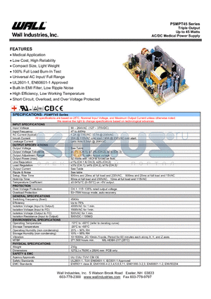 PSMPT45C datasheet - Triple Output Up to 45 Watts AC/DC Medical Power Supply