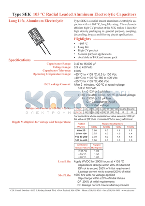 SEK101M010ST datasheet - 105 C Radial Leaded Aluminum Electrolytic Capacitors