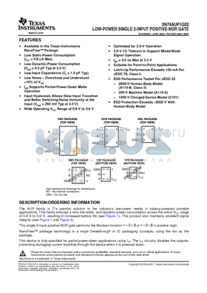 SN74AUP1G02DCKTG4 datasheet - LOW-POWER SINGLE 2-INPUT POSITIVE-NOR GATE