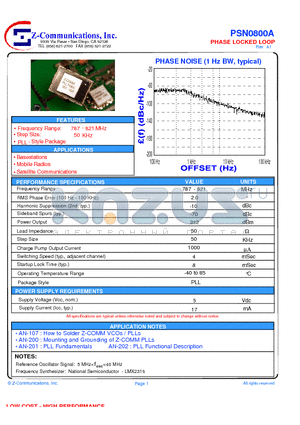 PSN0800A datasheet - LOW COST - HIGH PERFORMANCE PHASE LOCKED LOOP