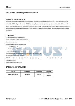 TBS6416B4E datasheet - 1M x 16Bit x 4 Banks synchronous DRAM