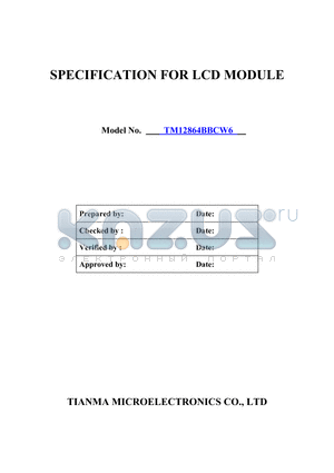 TM12864BBCW6 datasheet - SPECIFICATION FOR LCD MODULE