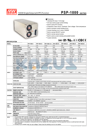 PSP-1000 datasheet - 1000W Single Output with PFC Function