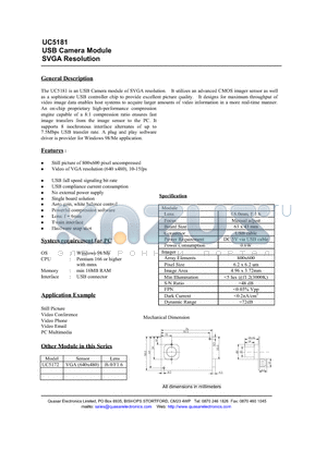 UC5181 datasheet - USB Camera Module SVGA Resolution