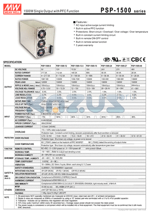 PSP-1500 datasheet - 1500W Single Output with PFC Function