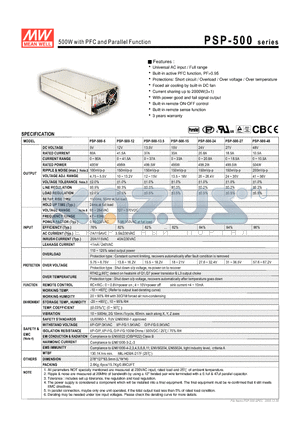 PSP-500-15 datasheet - 500W Single Output with PFC Function