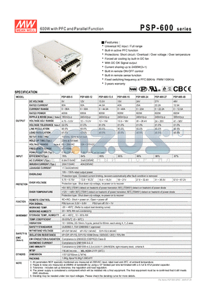 PSP-600-27 datasheet - 600W with PFC and Parallel Function