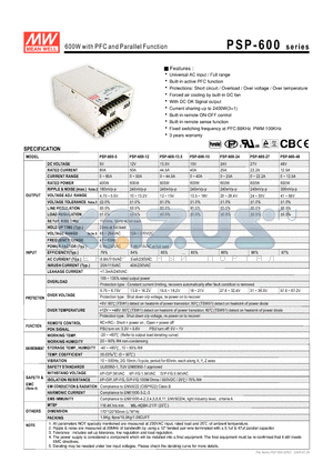 PSP-600-5 datasheet - 600W with PFC and Parallel Function