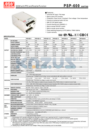 PSP-600-15 datasheet - 600W with PFC and Parallel Function