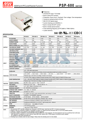 PSP-600-15 datasheet - 600W with PFC and Parallel Function