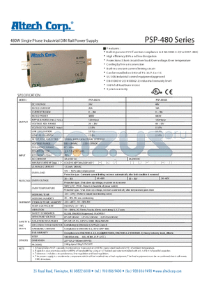 PSP480_1 datasheet - 480W Single Phase Industrial DIN Rail Power Supply