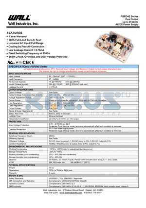 PSPD-45A datasheet - Dual Output Up to 45 Watts AC/DC Power Supply