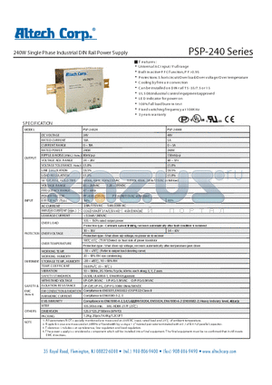 PSP240_1 datasheet - 240W Single Phase Industrial DIN Rail Power Supply