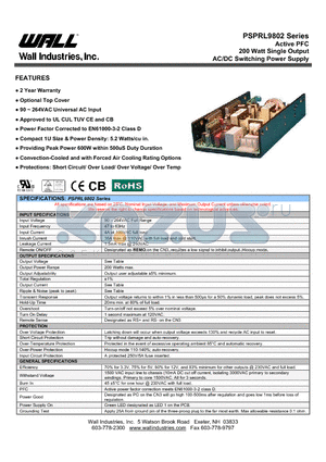 PSPRL9802SA datasheet - Active PFC 200 Watt Single Output AC/DC Switching Power Supply