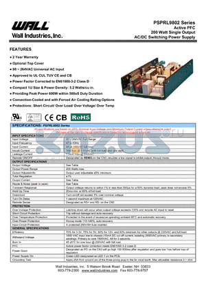 PSPRL9802SC datasheet - Active PFC 200 Watt Single Output AC/DC Switching Power Supply