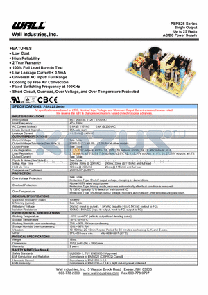 PSPS-25-7.5 datasheet - Single Output Up to 25 Watts AC/DC Power Supply