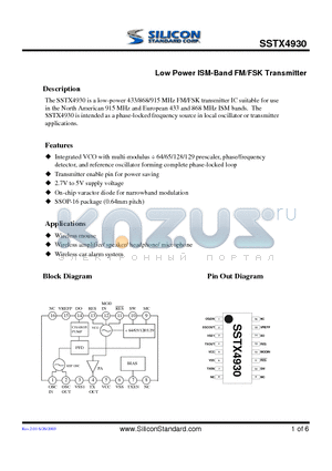 SSTX4930 datasheet - Low Power ISM-Band FM/FSK Transmitter