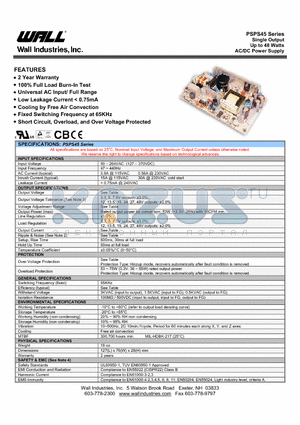 PSPS-45-27 datasheet - Single Output Up to 48 Watts AC/DC Power Supply