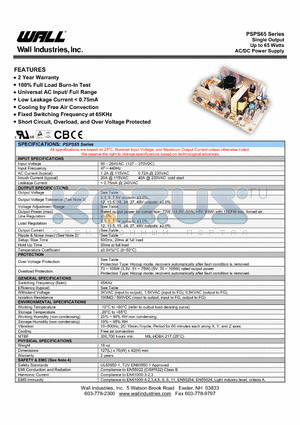 PSPS-65-27 datasheet - Single Output Up to 65 Watts AC/DC Power Supply