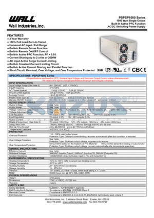 PSPSP1000-24 datasheet - 1000 Watt Single Output Built-In Active PFC Function AC/DC Switching Power Supply