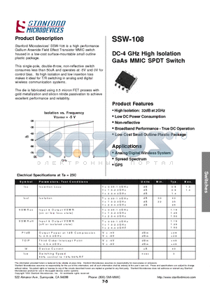 SSW-108 datasheet - DC-4 GHz High Isolation GaAs MMIC SPDT Switch