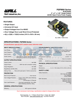 PSPW060B-1Y12 datasheet - 40-60 Watts AC/DC Open Frame Power Supply